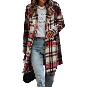 Women's Plaid Shacket Jacket Casual Button Wool Blend Winter Tartan Trench Coat